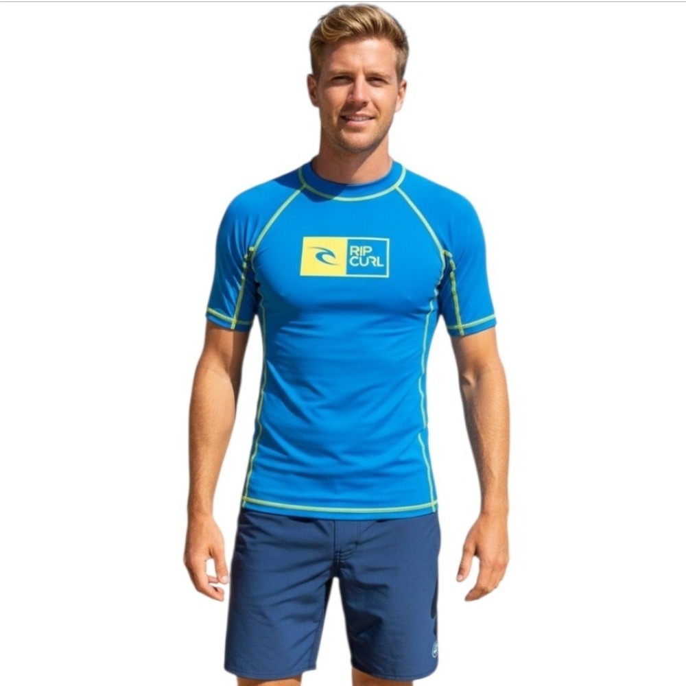 Rip Curl Mens Rash Guard Shirt Blue Yellow Logo UPF 50 Short Sleeve‎ XL